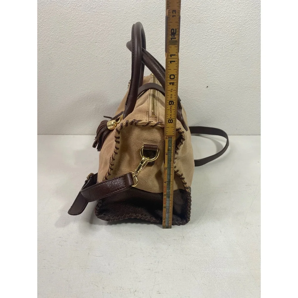 Talbots Tan Suede Brown Leather Whipstitch Tassel Satchel Crossbody Bag Purse